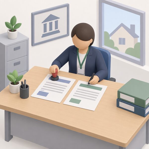 A council office desk where a simplified official figure stamps and signs a Statement of Intent sheet and a declaration form laid side by side, the paperwork that makes a household referral valid, with a plain window and a house outline beyond suggesting the household being referred.