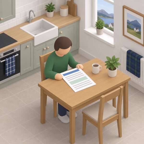 A homeowner seated at a kitchen table in a Scottish home reading a printed offer letter laid out in front of them, the letter showing only blank lines and plain colour bands where the funding terms and conditions would appear.
