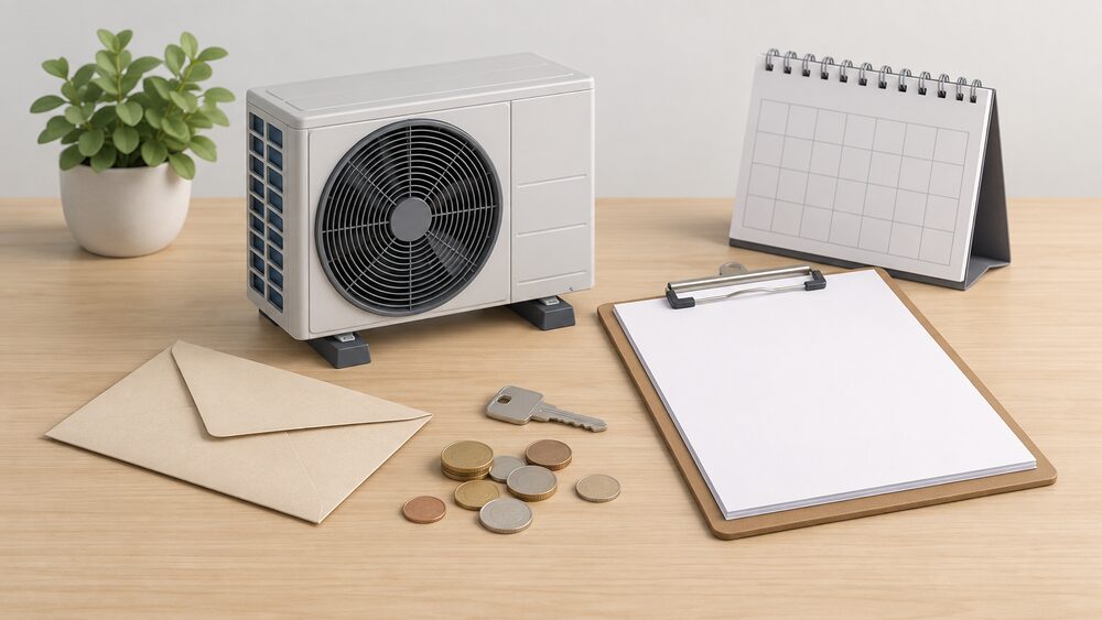 A small model of an air source heat pump outdoor fan unit stands on a table beside blank referral paperwork on a clipboard, a sealed envelope, a house key and a scatter of coins, with a blank calendar leaning behind.