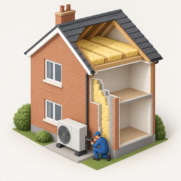 An air-source heat pump unit standing on the outside wall of a house, with a cutaway view showing insulated loft and cavity walls, and a small installer figure completing the outdoor connection.