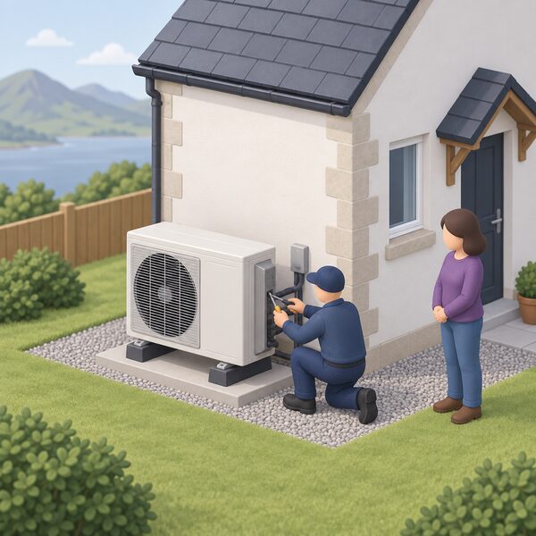 An installer in plain work clothing fits an air source heat pump outside a Scottish house while the householder watches, with no money changing hands and no payment or fee document anywhere in the scene.