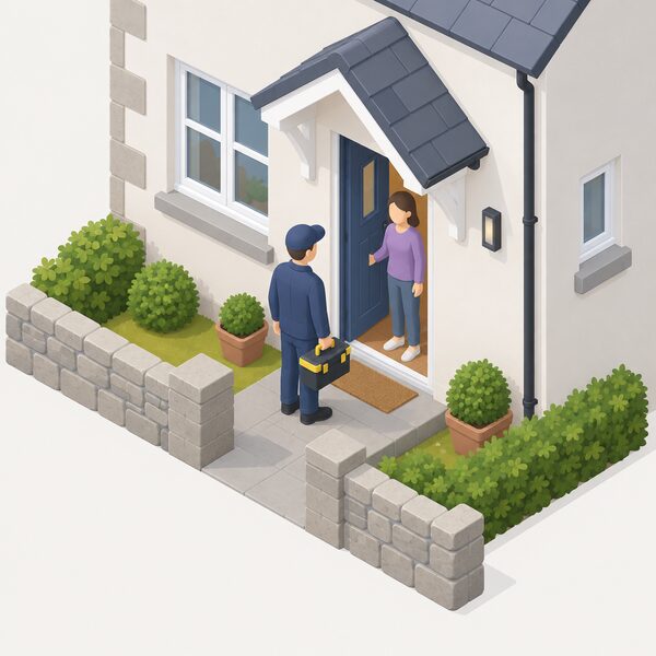 A simplified isometric installer in plain work clothing stands at the front door of a small Scottish house holding a toolbox, arriving to carry out the allocated installation work, with the householder greeting them at the open door.