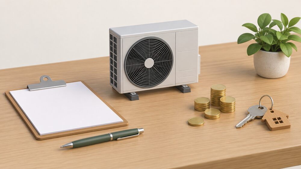 A small model of an air source heat pump outdoor fan unit stands on a wooden table beside blank paperwork on a clipboard, a house key and a few coins, suggesting a fully funded heating installation arranged for a household.