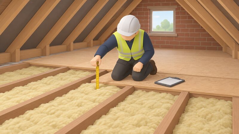 A simplified surveyor figure kneels in a loft, using a tape or depth rule to measure the thickness of the mineral wool insulation between the joists, with a tablet or clipboard resting on the boarded floor beside them to record the rdSAP survey findings.