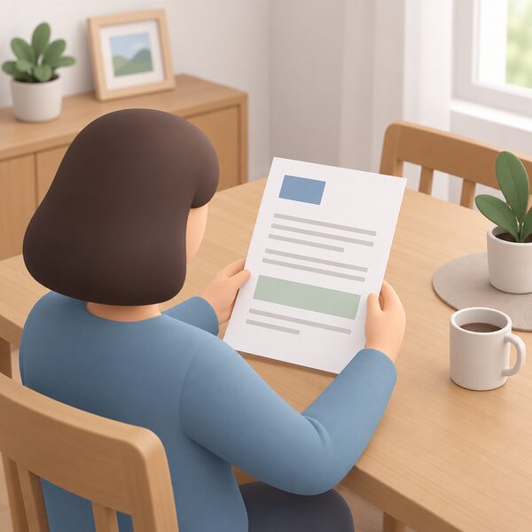A plain letter about a qualifying state benefit lying on a table in a home, held by a simplified figure reading it, with its content shown only as blank lines and plain colour blocks so nothing can be mistaken for a real figure.