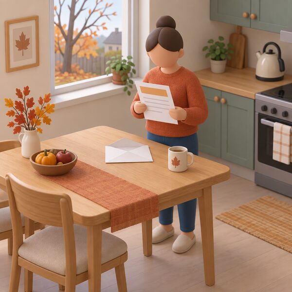 An opened envelope and a letter lying on a kitchen table in an autumn home, the letter's content shown only as blank lines and a plain colour band, with a simplified household figure standing beside the table having just picked it up.
