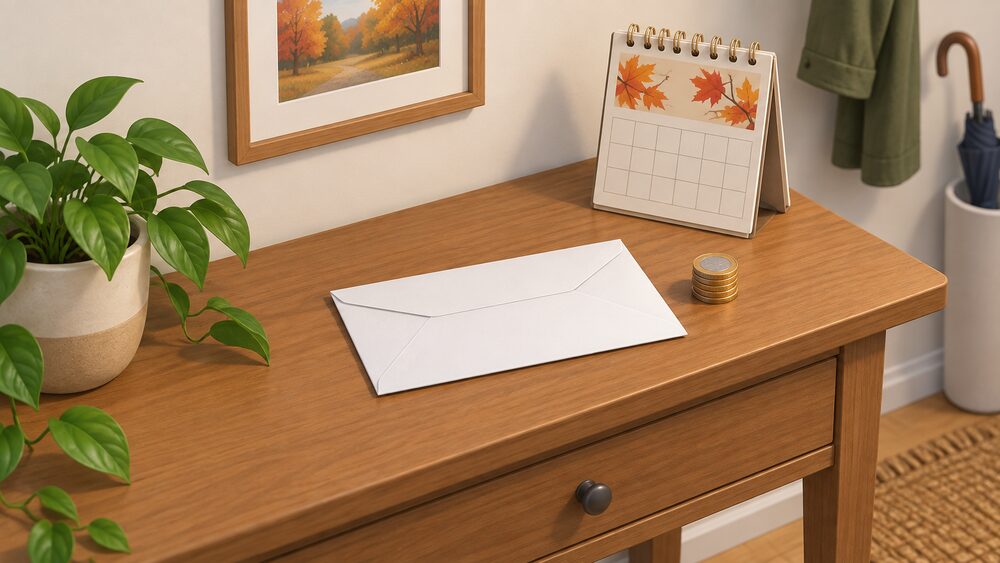 A plain white envelope lying on a wooden hall table beside a small wall calendar showing autumn leaves and a short stack of coins, suggesting the winter payment letter arriving in November.