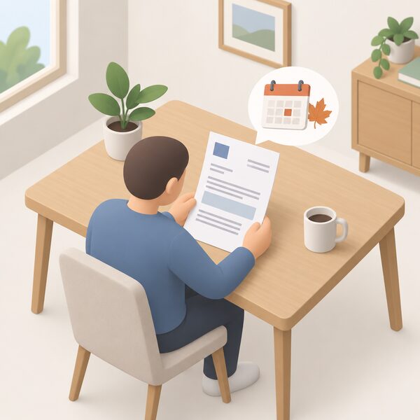 An official letter lying on a table in a home, held or just set down by a simplified figure, shown as a physical document with its amount and details indicated only by blank lines and plain blocks so nothing readable appears.