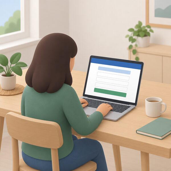 A laptop on a table in a home setting, its screen showing the GOV.UK online opt-out form as a simple page with blank fields and plain colour bands, with a simplified figure seated using it.