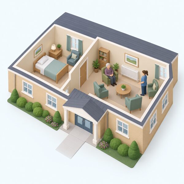 A simplified isometric view of a care home building with a resident's bedroom containing a bed and armchair, an older resident figure seated in a communal lounge with a radiator, and a care worker figure nearby, showing the residential setting in which a reduced Winter Fuel Payment can be received.