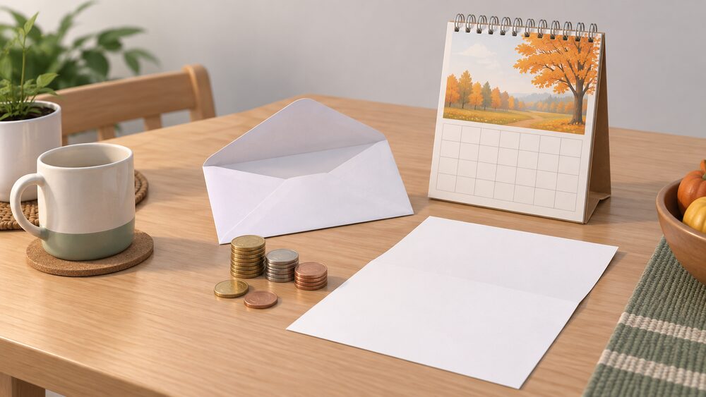 A plain white envelope lying open on a kitchen table beside a small stack of coins, a blank bill with no writing on it, and a wall calendar showing an autumn month, arranged as the moment a household puts a winter payment towards its heating costs.
