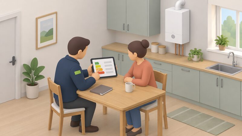 An energy advisor and a householder sit at a kitchen table, the advisor holding a tablet whose screen shows a plain energy report as blank lines and colour blocks, with a wall-mounted boiler visible in the kitchen background.
