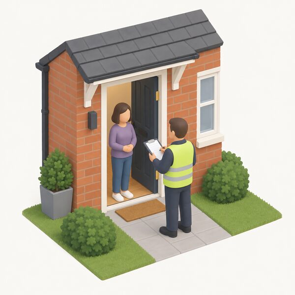 An assessor at the front door of a modest UK house, holding a clipboard, speaking with a householder while noting details of the property before any insulation or heating measure is installed.