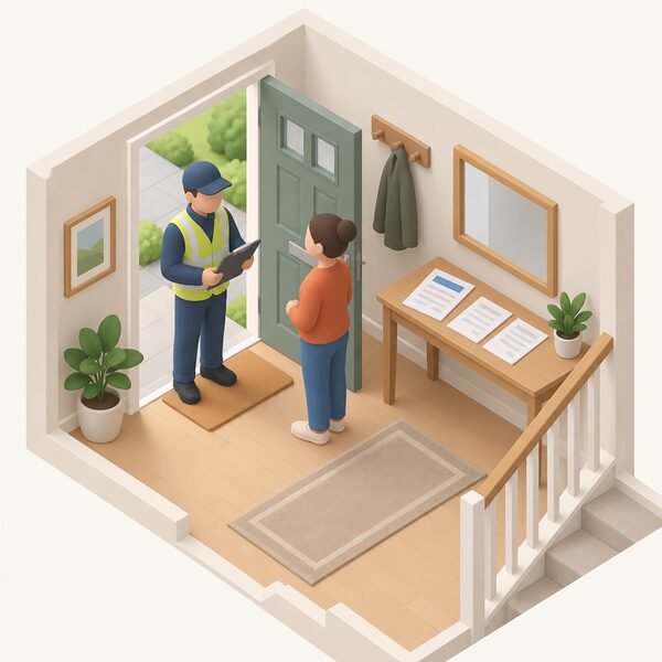 A simplified isometric installer-registered assessor stands at a house entrance with a clipboard, welcomed by a householder, while a referral letter from a council or advice service lies on the hallway table beside blank application paperwork, showing the household being assessed before the measure is determined.