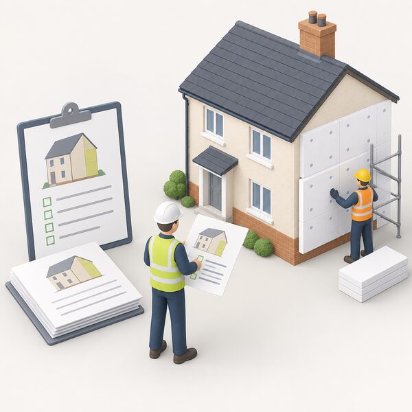 A simplified isometric figure of a retrofit coordinator stands between a house's assessment paperwork and an installer fitting wall insulation, holding a plan and checking the measure against the property's needs.