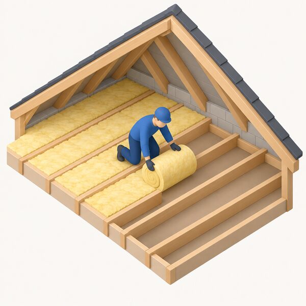 A simplified isometric figure of an installer unrolling a blanket of loft insulation between the timber joists of an open loft space, with the insulated areas shown alongside the still-bare joists ahead of the work.