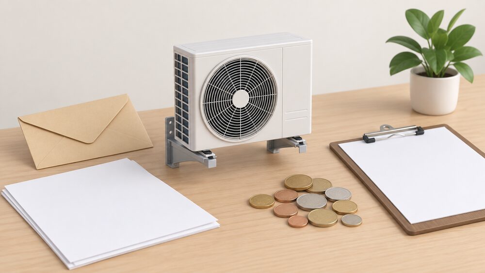 A small model of an air source heat pump outdoor unit on a wall bracket stands on a table beside blank consent paperwork, a sealed envelope, a scatter of coins and a clipboard with a blank sheet, suggesting the cost and consent decisions for a flat installation.