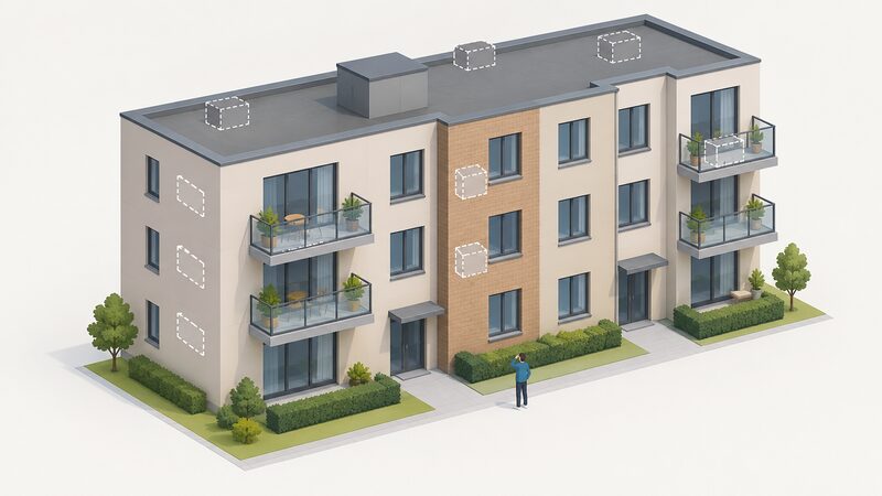 A simplified isometric row of flats with an external wall showing several possible heat pump unit positions marked on the wall, a balcony and a flat roof, with one small figure looking up at the wall as if assessing where a unit could be sited.