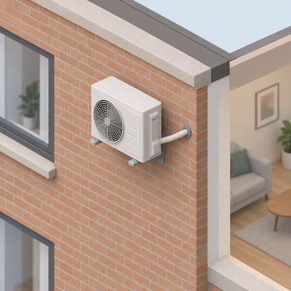 A small air-to-air heat pump outdoor unit mounted high on the outside brick wall of a flat, shown compact against the wall with a refrigerant pipe running through into the building, clearly smaller and simpler than a bulky air-to-water unit would be.