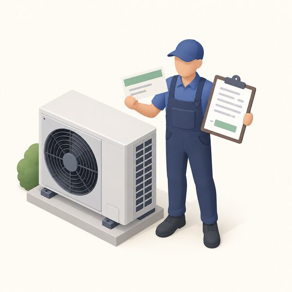 An installer standing beside an outdoor air-to-water heat pump unit holds a paper voucher, with a quoted-price sheet on a clipboard showing the deduction of the grant from the total.