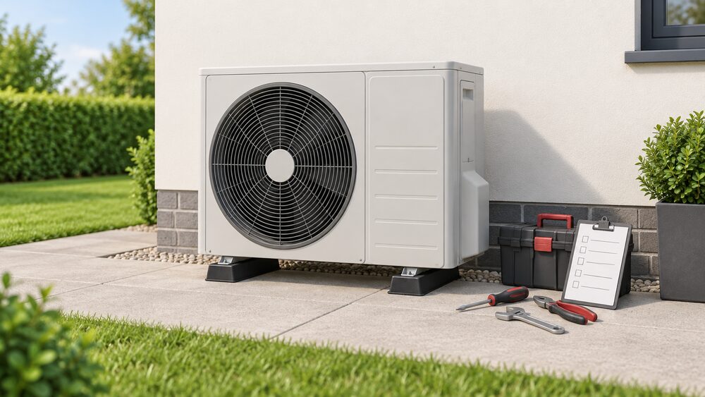 A close-up of an air source heat pump outdoor unit standing on level ground outside a house wall, with clear airflow around its fan grille and a service engineer's toolkit and clipboard resting on the ground beside it.