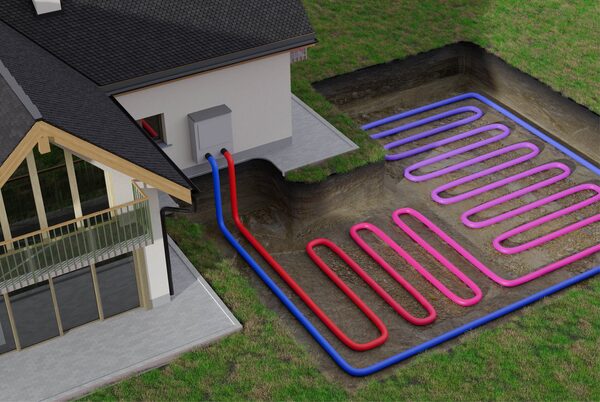 A 3D illustration of a house with a ground-source heat pump and buried loop collector pipes shown in a cutaway of the garden