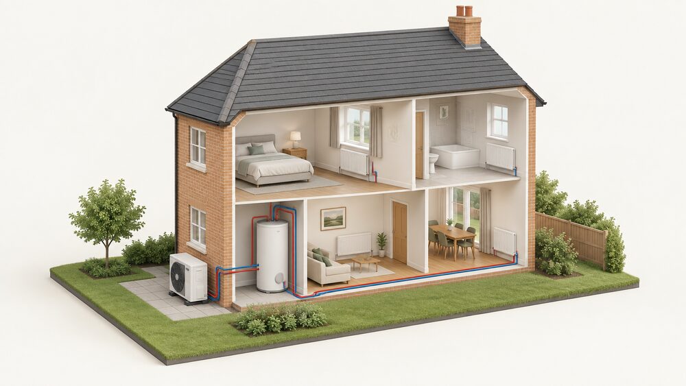 A cutaway UK house showing an air source heat pump fan unit standing outside on the ground beside an external wall, with a pipe running indoors to a hot water cylinder and radiators on the walls of the rooms.