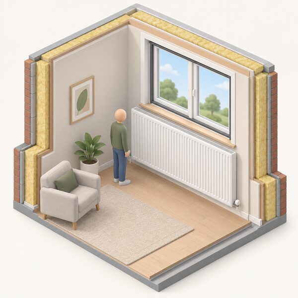 A cutaway room interior showing an oversized tall panel radiator on an inside wall beneath a window, with a small isometric figure standing beside it, in a snug well insulated room with thick insulation shown in the walls and draught-proofed window frame.