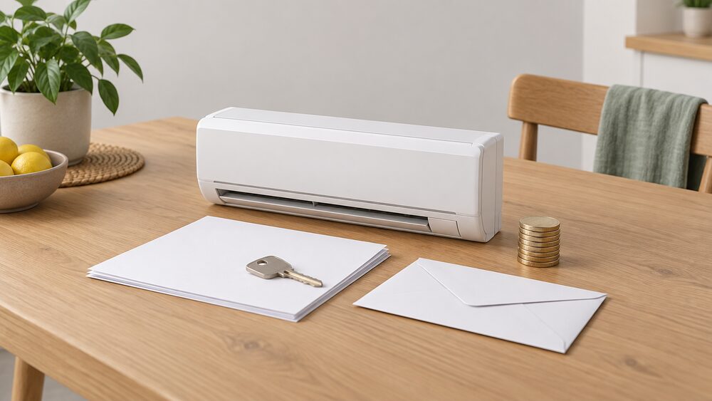 A small model of a wall-mounted air-to-air heat pump indoor unit stands on a kitchen table beside blank application paperwork, a sealed envelope and a short stack of coins, with a house key resting on the papers.