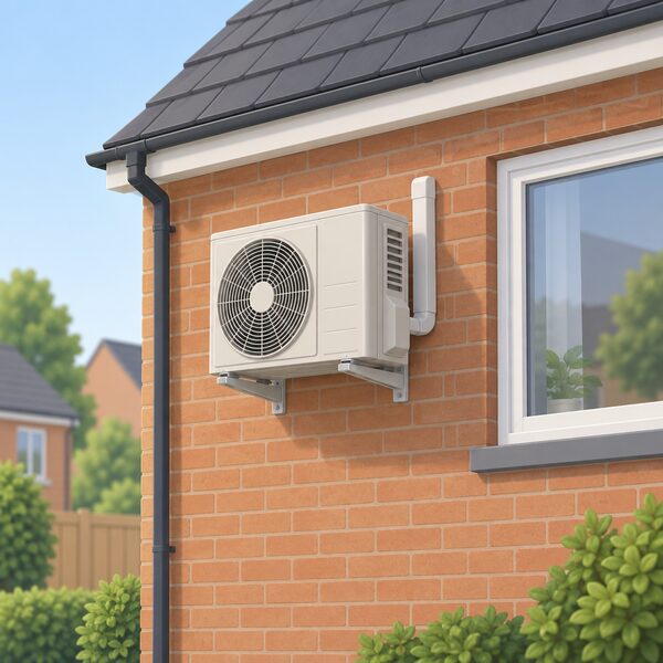 A small wall-mounted air-to-air heat pump unit fixed high on the outside wall of an ordinary residential house, with its outdoor fan grille and casing clearly shown against the brickwork beside a window.