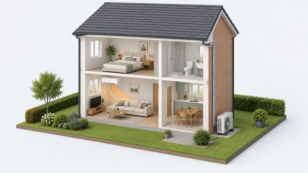 A cutaway house showing a wall-mounted indoor fan unit high on a living room wall blowing warm air into the room, with refrigerant pipework running through the external wall down to an outdoor heat pump unit standing on the ground outside.