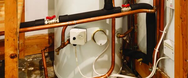 A white hot water cylinder with copper pipework, valves and an immersion heater thermostat in a wooden-framed airing cupboard
