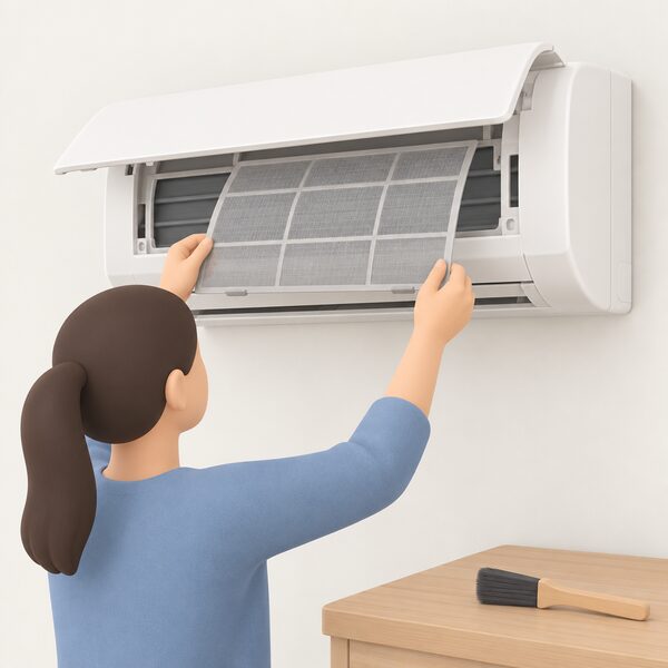 Close-up of a person's hands lifting the front panel of a wall-mounted indoor air conditioning head unit and sliding out the mesh air filter, with the unit switched off and a soft brush resting nearby on a table.