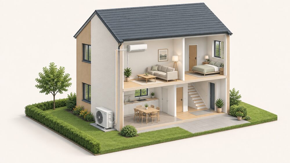 A cutaway house showing a wall-mounted air-to-air indoor fan unit high on a living room wall, an outdoor heat pump unit standing on the ground against the outside wall, and the narrow refrigerant pipes passing through the wall to connect them.