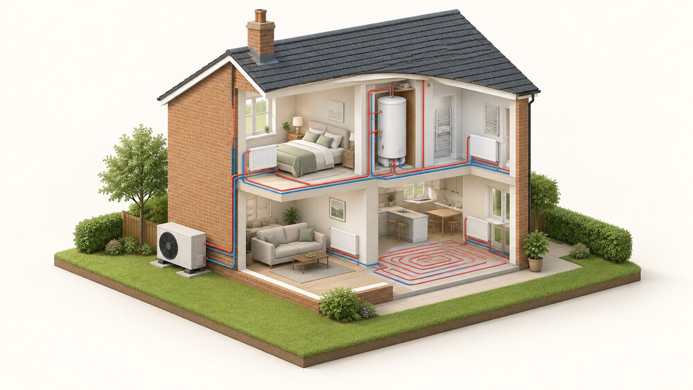 A cutaway British house showing an air-to-water heat pump fan unit standing outside on the ground at the rear wall, with pipes entering the building to feed radiators on the walls of the rooms, underfloor heating pipes in the floor, and a hot water cylinder in an upstairs airing cupboard.