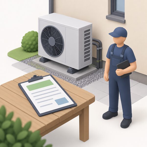 A clipboard of grant paperwork resting on a table beside an outdoor air-to-water heat pump unit, with blank lines and plain colour blocks standing in for the figures, and a simplified installer figure standing nearby.