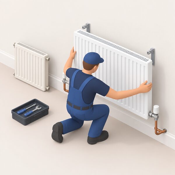 An installer fitting a larger replacement radiator onto a wall bracket, with the old smaller radiator set aside nearby and pipework from the wall connected to the new radiator's valves.