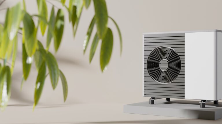A white air source heat pump outdoor unit with a circular fan standing on a plinth beside a leafy houseplant