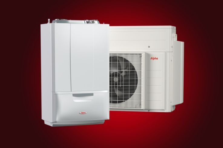 An Alpha E-Tec Hybrid heat pump system, an indoor boiler unit and outdoor heat pump unit, on a red background