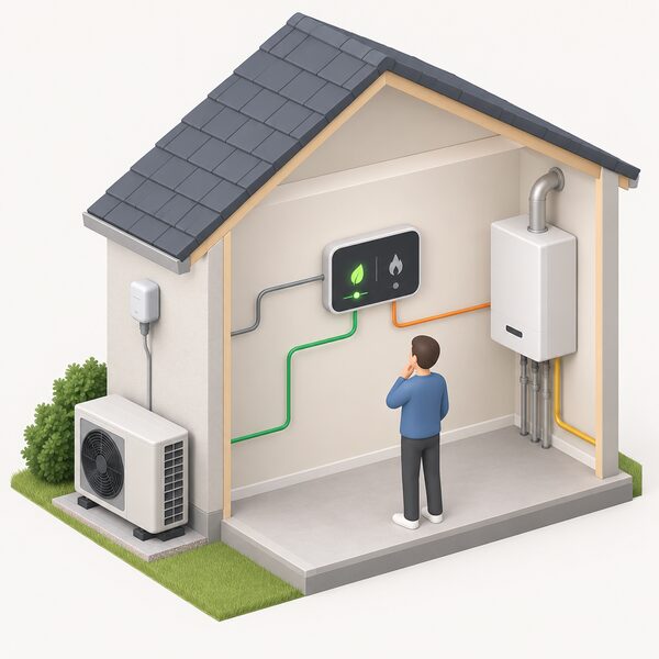 A wall-mounted Smartech-style control panel inside the house with a small outdoor temperature sensor on the exterior wall beside it, shown deciding between the connected heat pump and gas boiler.