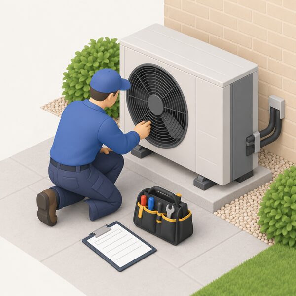 An engineer in plain work clothing kneels beside the outdoor heat pump unit of a hybrid system, tools and a clipboard of blank service record sheets at hand, inspecting the unit's fan and pipework during an annual service visit.