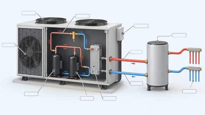 A datasheet-style cutaway diagram of a single commercial air-to-water heat pump unit showing the refrigerant circuit with two compressors, a plate heat exchanger linking to the water side, flow and return water pipe connections to a user circuit with a buffer vessel, and a three-phase electrical supply connection, with plain leader lines to blank label blocks.