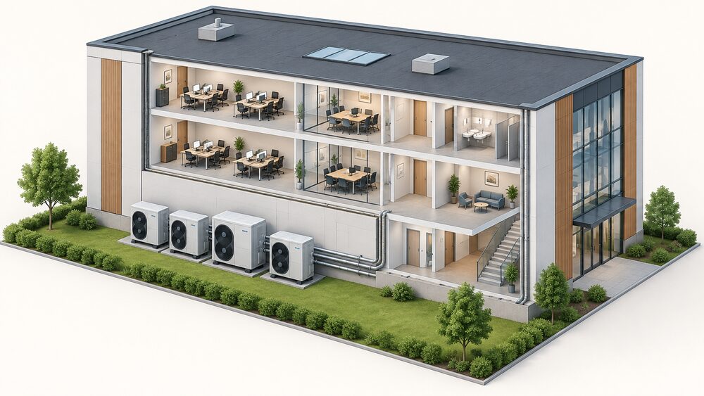 A large commercial building seen from outside, with a row of big air source heat pump units standing on the ground against the external wall, connected by insulated pipework running into the building, one unit slightly larger and central.
