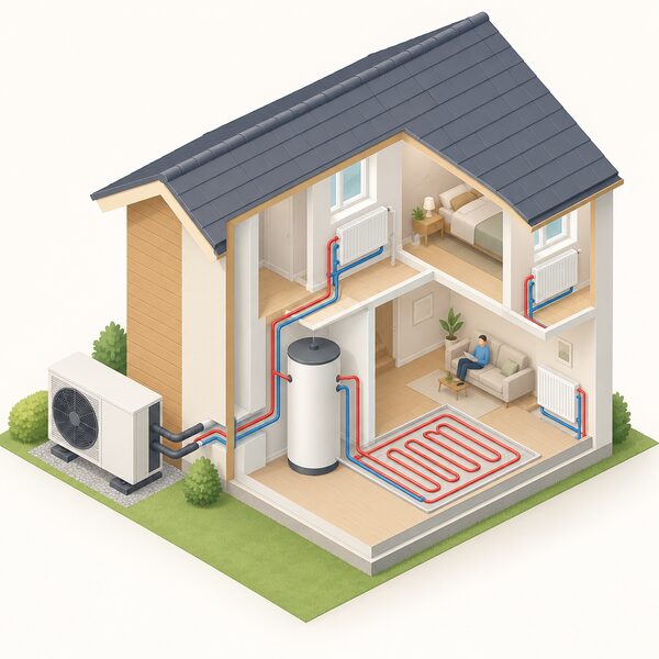 A simplified isometric view of an air-to-water heat pump outdoor fan unit standing on the ground beside a house exterior wall, with insulated pipework running from the unit through the wall to an indoor cylinder and onward to radiators and underfloor heating loops serving the building's emitters.