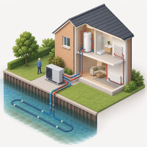 A cutaway scene showing a water source heat pump unit beside a house, with pipework running from the unit into a nearby canal to absorb warmth, and flow and return pipes connecting the unit to the home's heating and hot water cylinder.