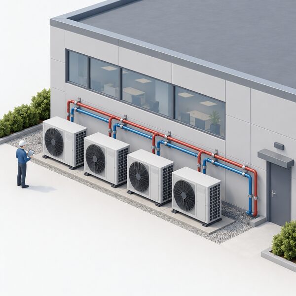 A row of identical modular air-to-water heat pump units standing in a cascade on the ground beside a plain commercial building, connected by shared pipework, showing capacity built from repeated units rather than one large machine.