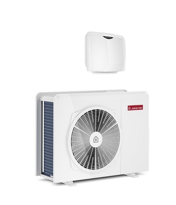 An Ariston NIMBUS air-to-water heat pump outdoor unit with its wall-mounted control unit, shown on a white background