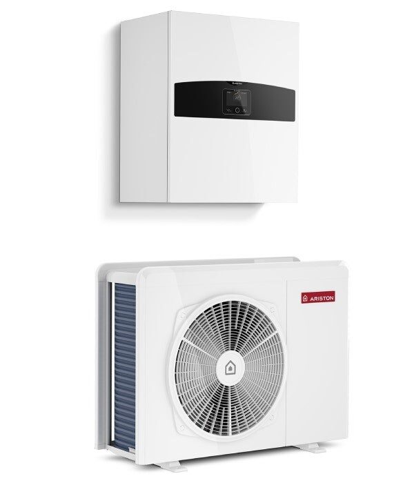 An Ariston NIMBUS Plus Net R32 air-to-water heat pump outdoor unit with fan, shown with its wall-mounted indoor control unit above