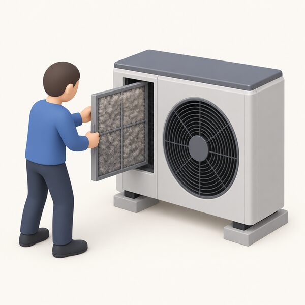 A simplified figure slides a grey, dust-clogged air filter out of the front of an outdoor air-to-water heat pump unit, holding the dirty filter panel clear of its slot so the blocked, lint-covered surface that restricts airflow is clearly visible.