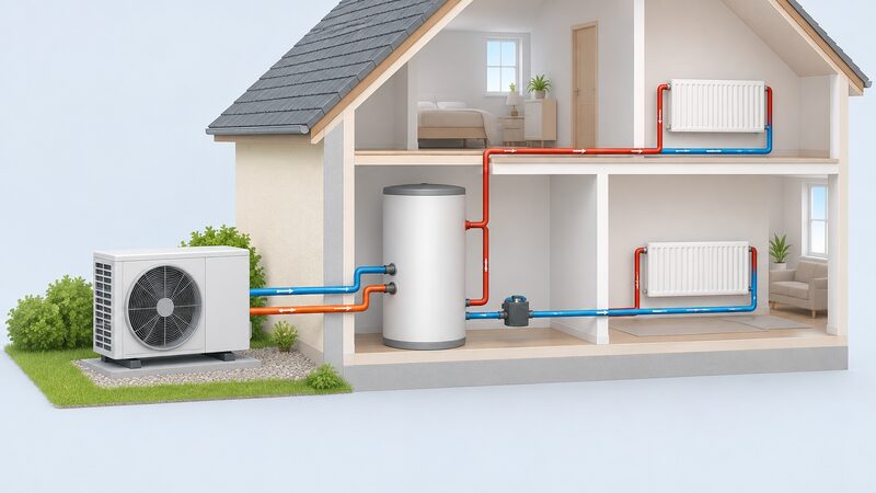 A cutaway diagram of an air to water heat pump system: an outdoor unit with a fan connected by refrigerant pipes to an indoor hot water cylinder, which feeds a wet radiator loop, with plain colour bands marking the refrigerant and water circuits.